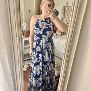Floral Halter Maxi Dress - Blue and White